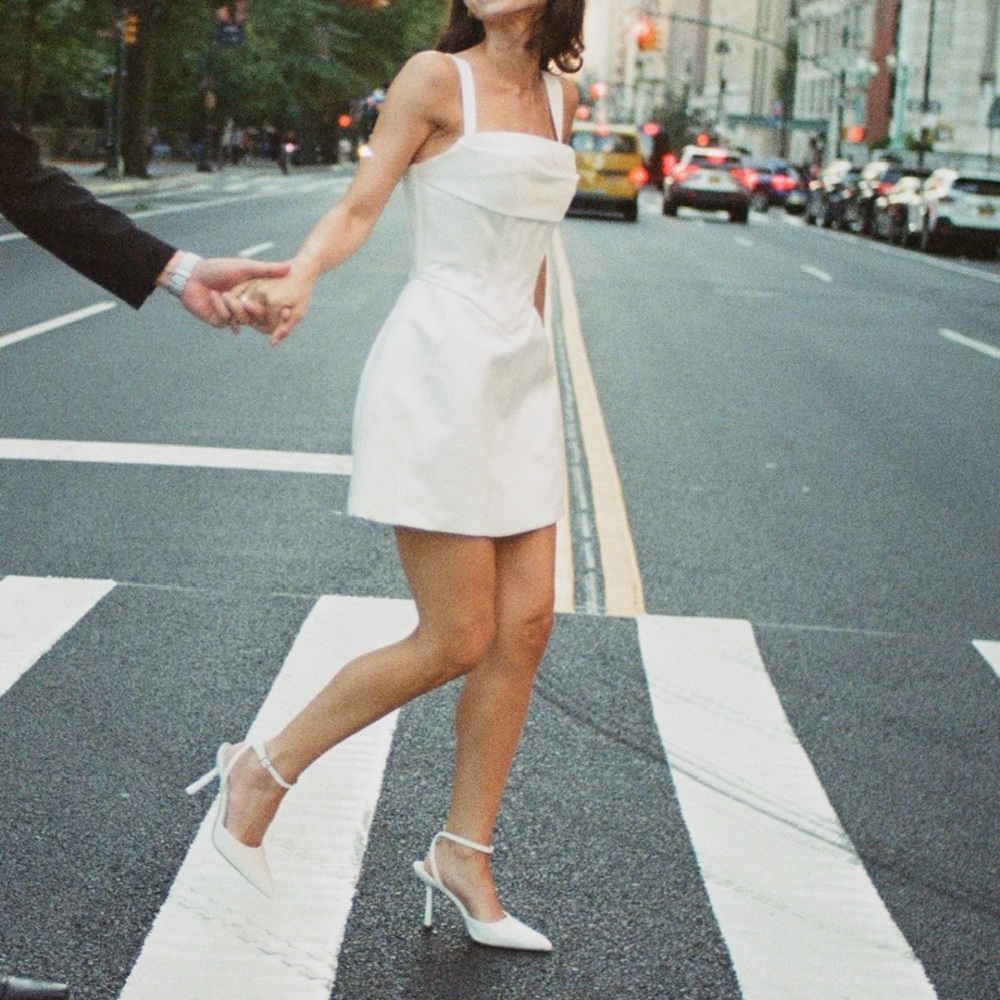 Meshki White Mini Dress with Square Neck and Side Slit